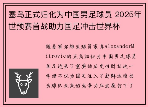 塞鸟正式归化为中国男足球员 2025年世预赛首战助力国足冲击世界杯